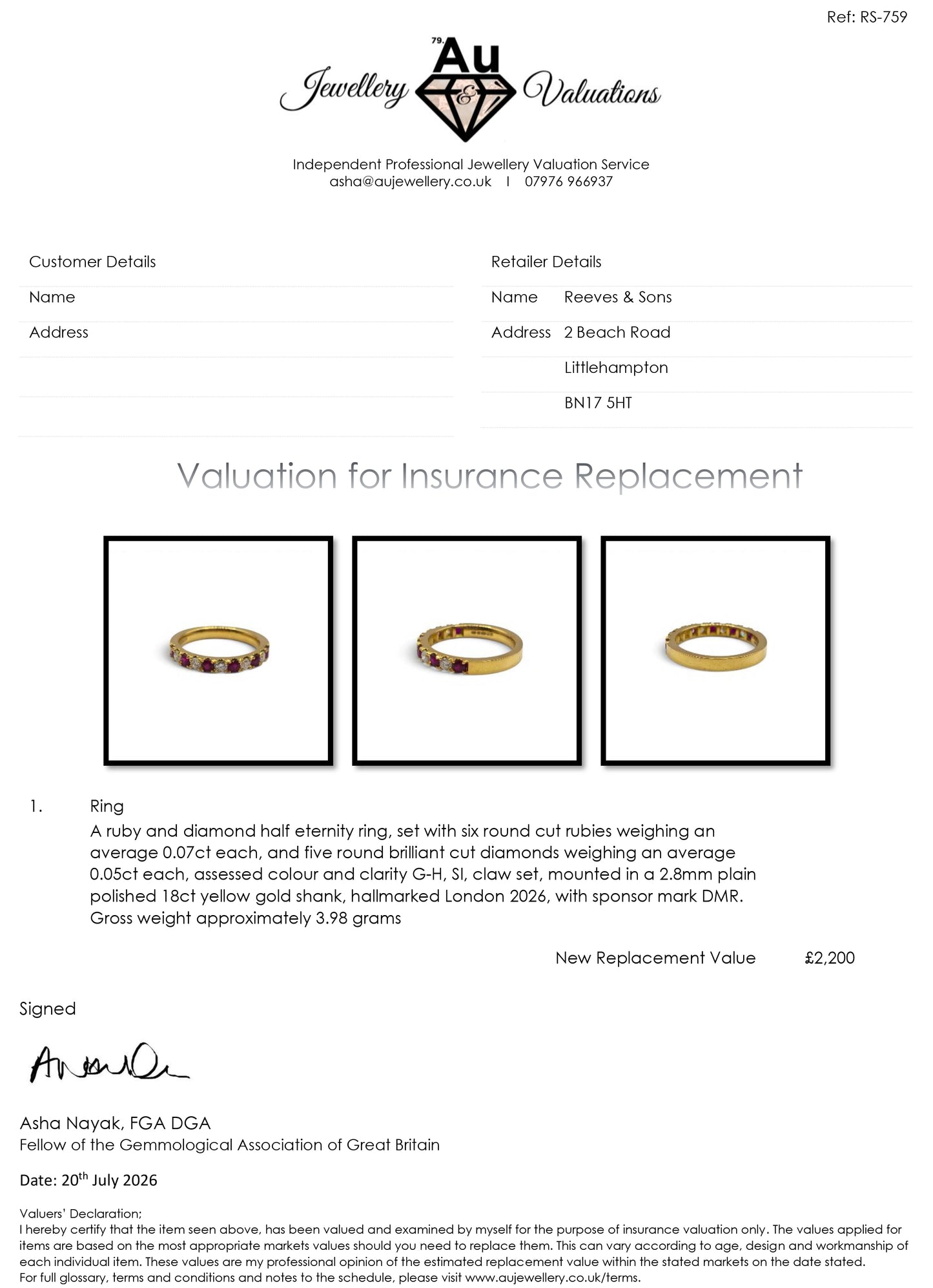 18ct yellow gold ruby and diamond eternity ring by Reeves and Sons, showcasing sparkling gemstones on a sleek gold band.