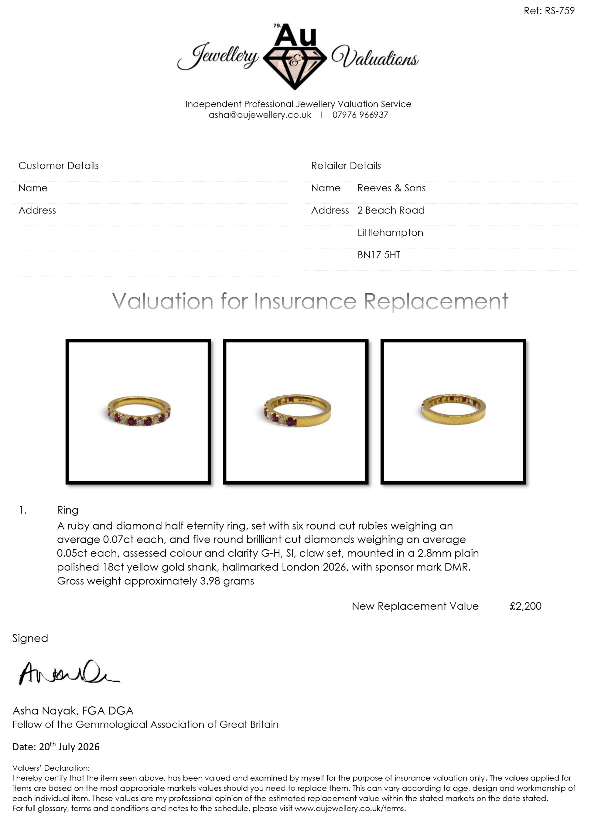 18ct yellow gold ruby and diamond eternity ring by Reeves and Sons, showcasing sparkling gemstones on a sleek gold band.