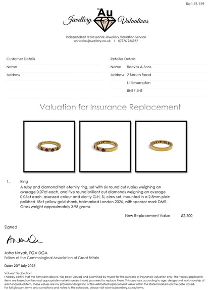 18ct yellow gold ruby and diamond eternity ring by Reeves and Sons, showcasing sparkling gemstones on a sleek gold band.
