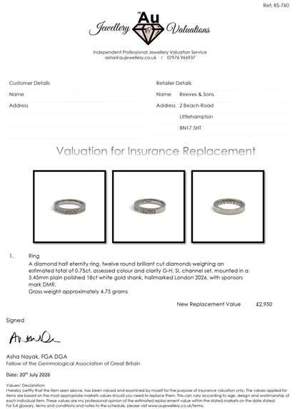 18ct white gold diamond half eternity ring from Reeves and Sons, featuring a row of sparkling diamonds set in a sleek band.