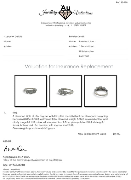 18ct white gold triple cluster diamond ring  sh27253b