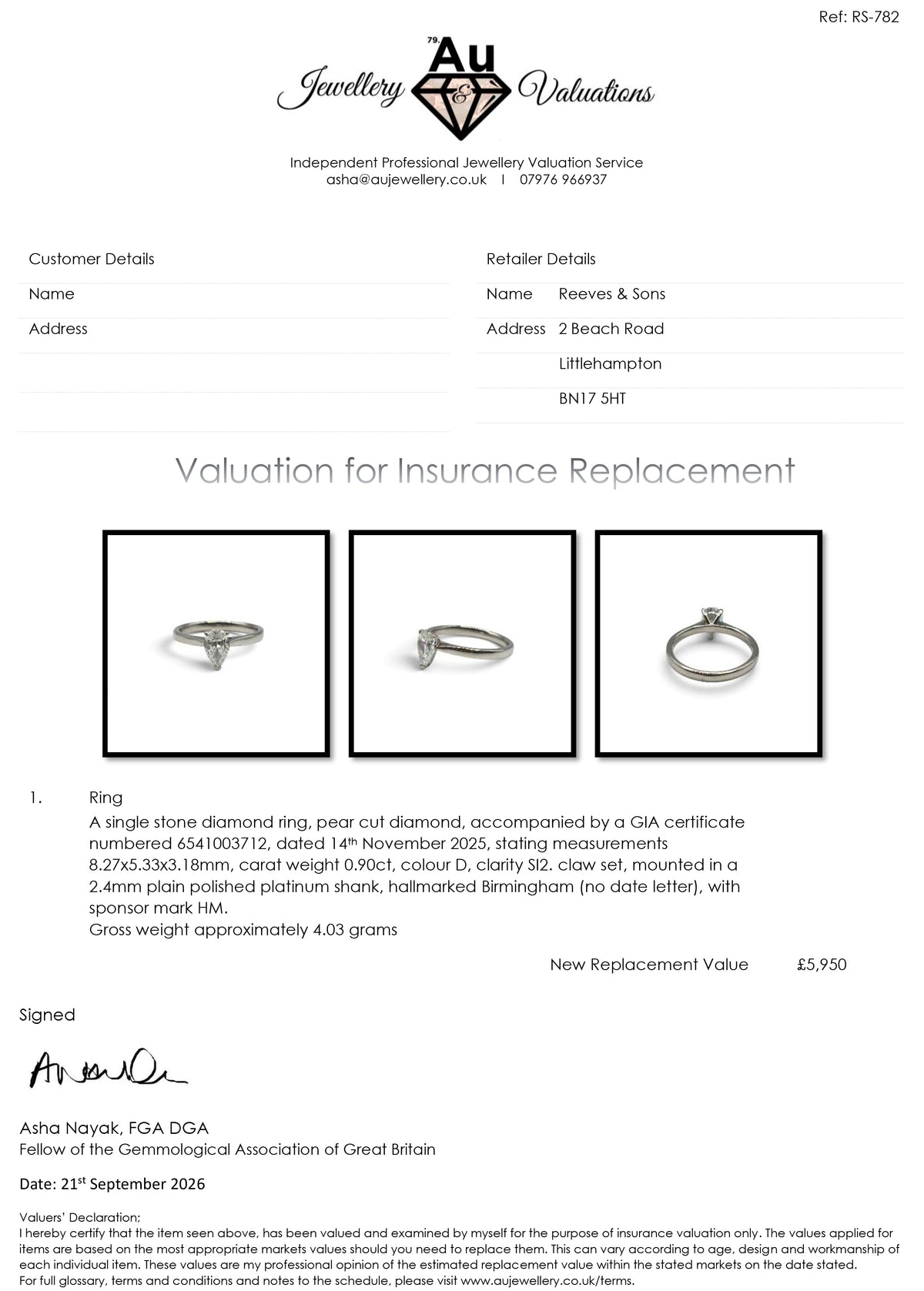 Diamond platinum ring by Reeves and Sons featuring a sparkling central diamond and elegant band design.