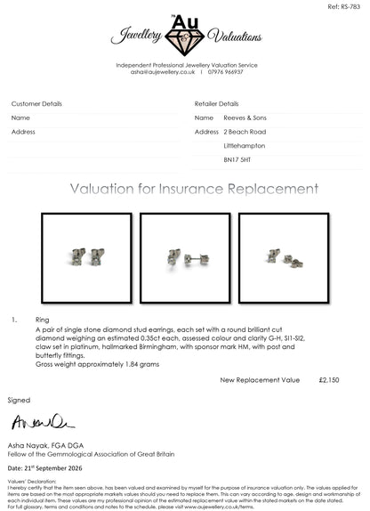 Reeves and Sons platinum diamond stud earrings with sparkling diamonds set in classic design.