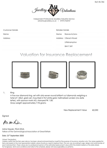 9ct white gold five-row diamond ring by Reeves and Sons, featuring sparkling diamonds and intricate band design.
