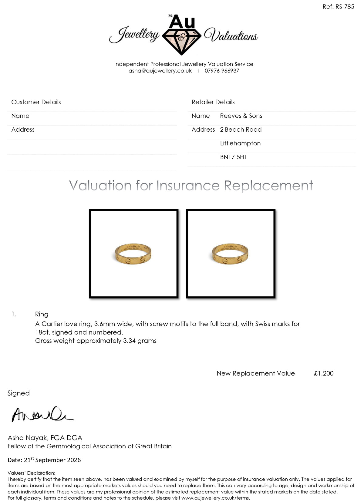 18ct yellow gold Cartier Love ring with engraved design, shown on a white background, by Reeves and Sons.