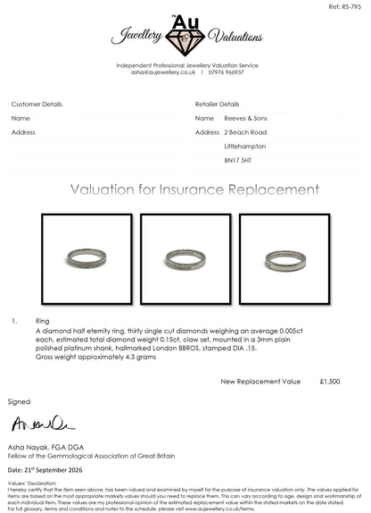 Platinum diamond half eternity ring by Reeves and Sons featuring sparkling diamonds around the band.