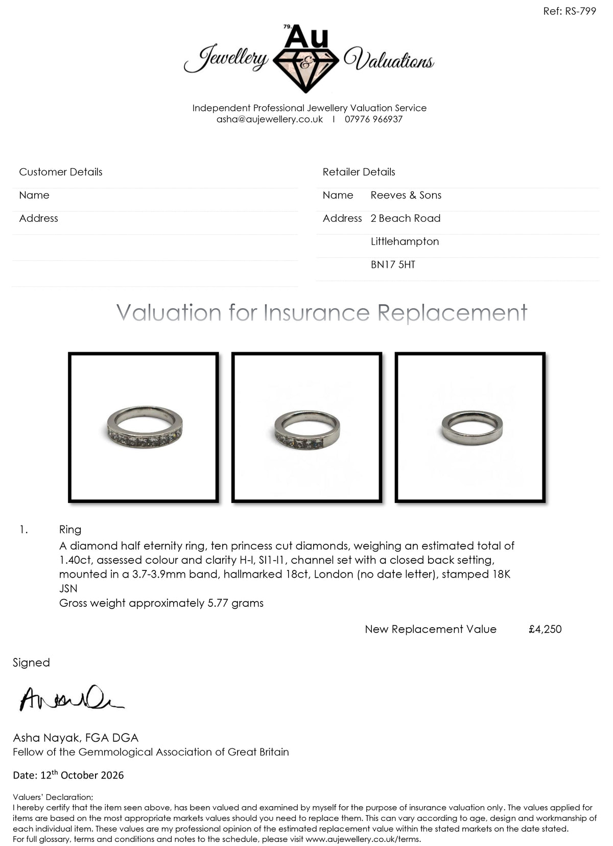 18ct white gold half eternity diamond ring  sh27376b