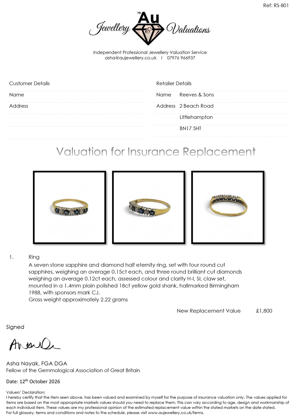 18ct yellow gold sapphire and diamond half eternity ring by Reeves and Sons, showcasing alternating gemstones in a elegant design.