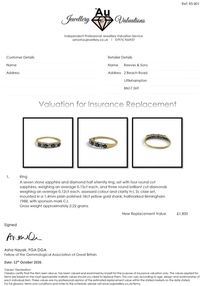 18ct yellow gold sapphire and diamond half eternity ring by Reeves and Sons, showcasing alternating gemstones in a elegant design.