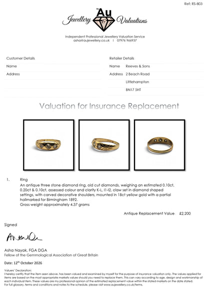18ct yellow gold 3 stone diamond ring by Reeves and Sons, sh25817l