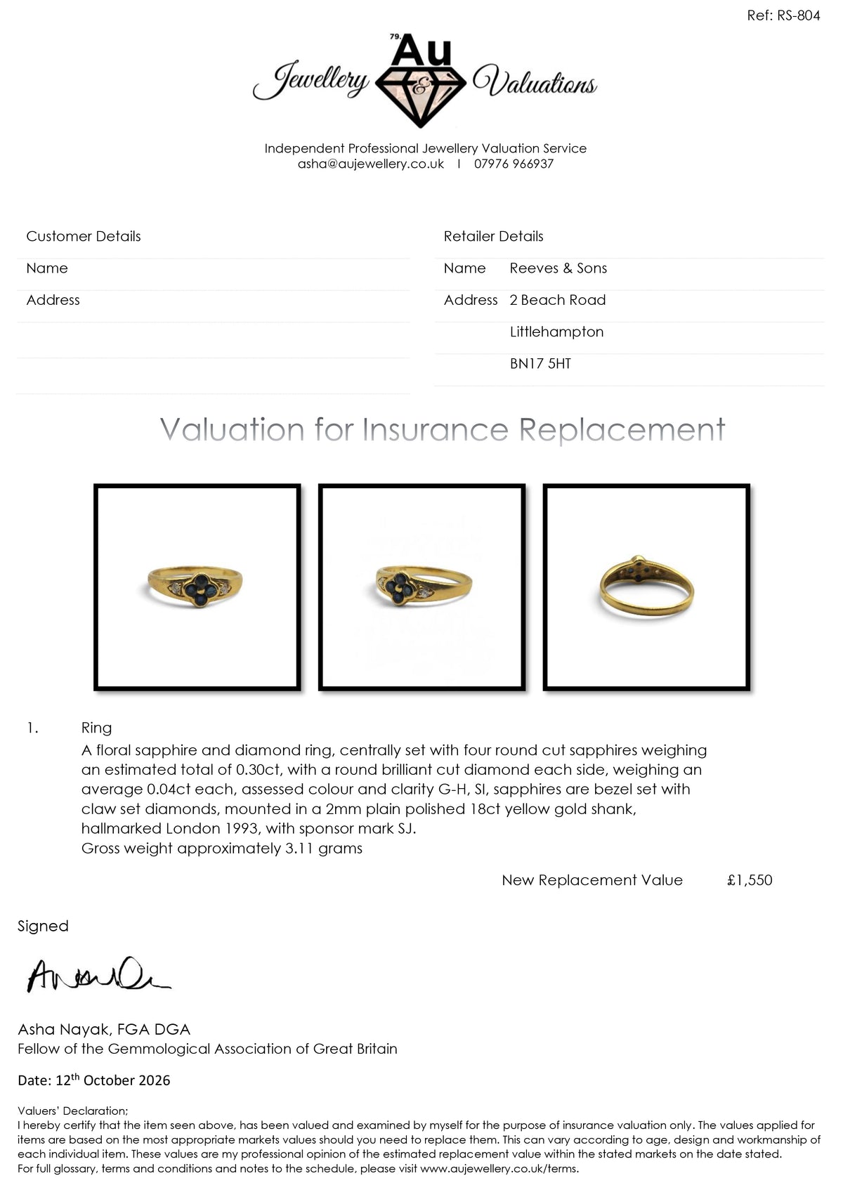 18ct yellow gold Reeves and Sons sapphire and diamond ring sh25566l