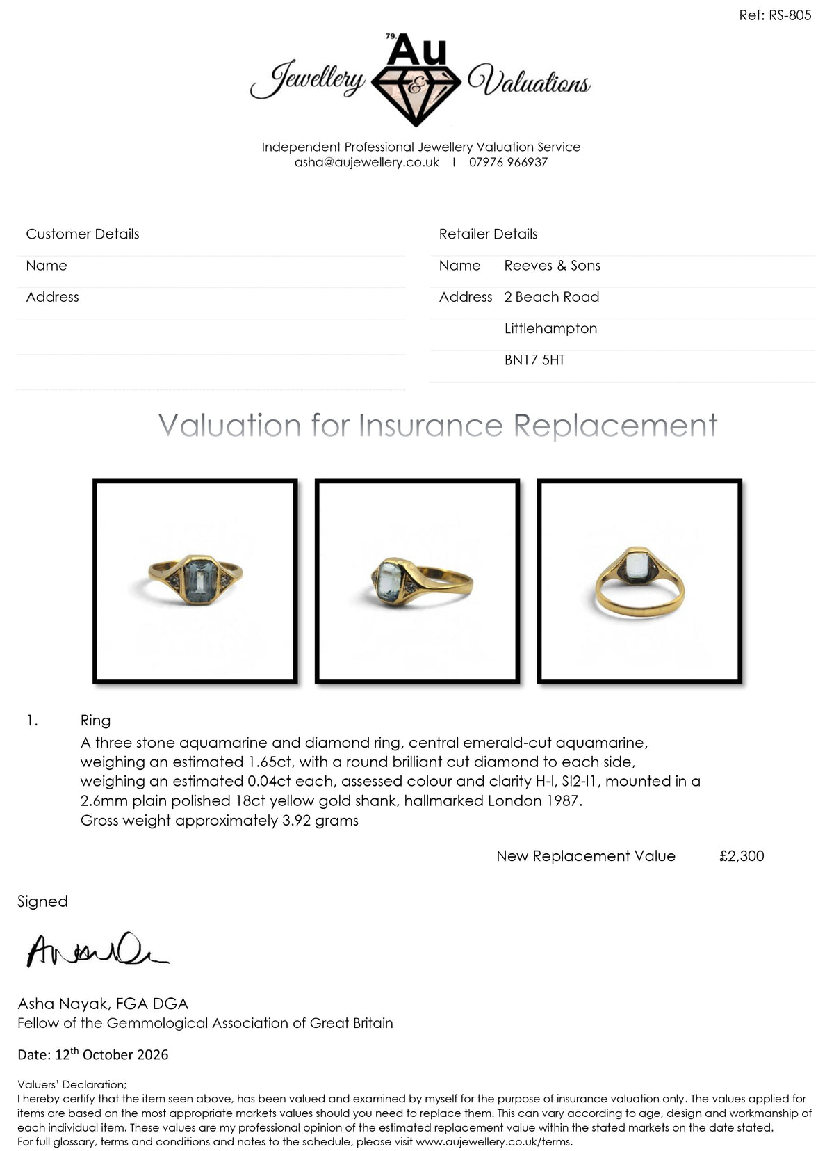 Reeves and Sons 18ct yellow gold aquamarine and diamond ring with blue gemstone and diamond accents