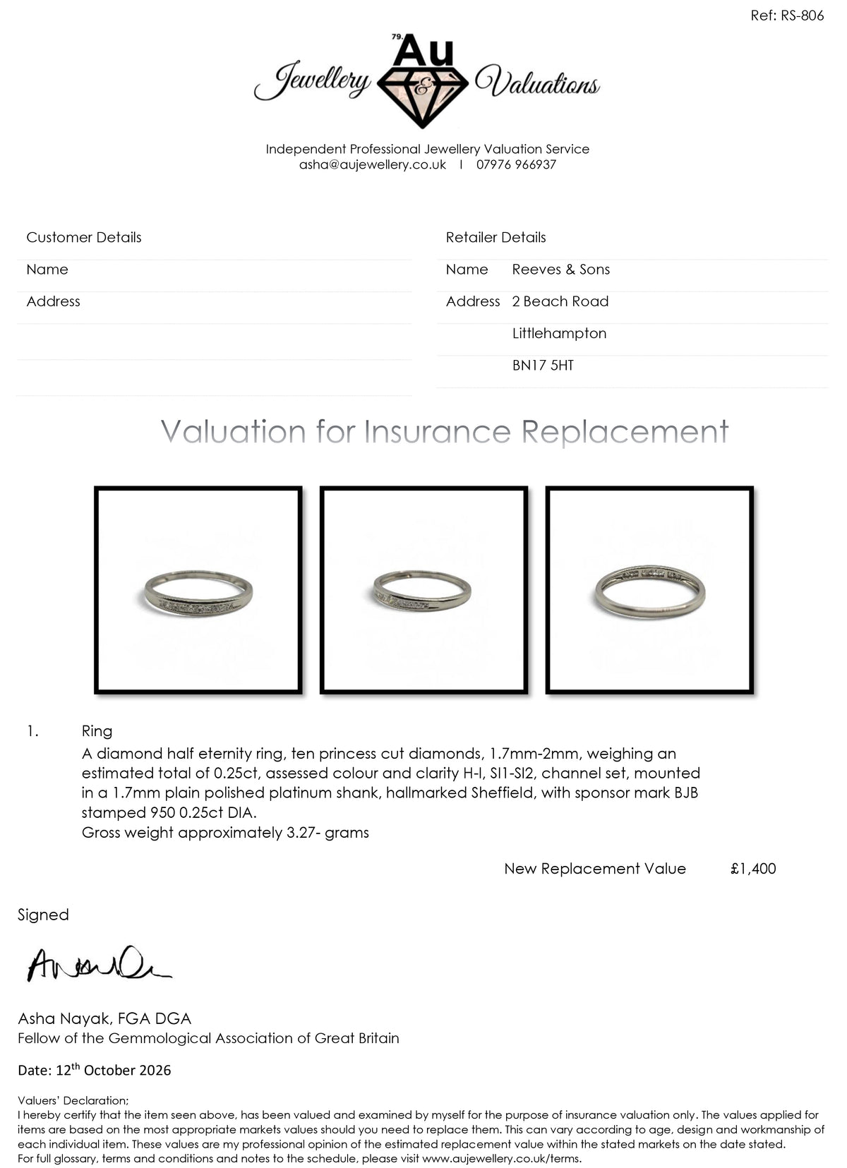 Reeves and Sons platinum half eternity ring with a polished band and inset gemstones