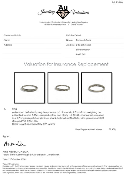 Reeves and Sons platinum half eternity ring with a polished band and inset gemstones