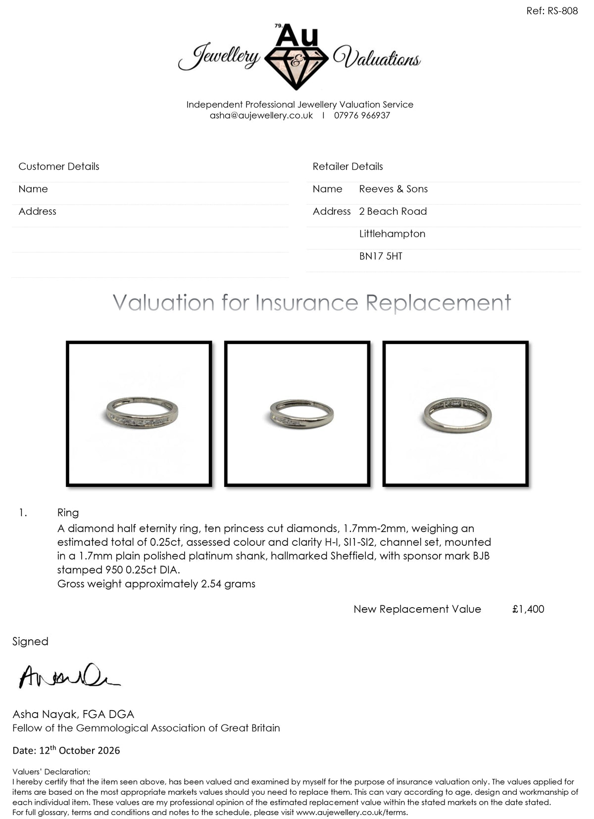 Reeves and Sons platinum diamond half eternity ring sh27171b, close-up view