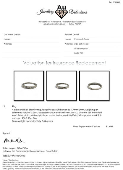 Reeves and Sons platinum diamond half eternity ring sh27171b, close-up view