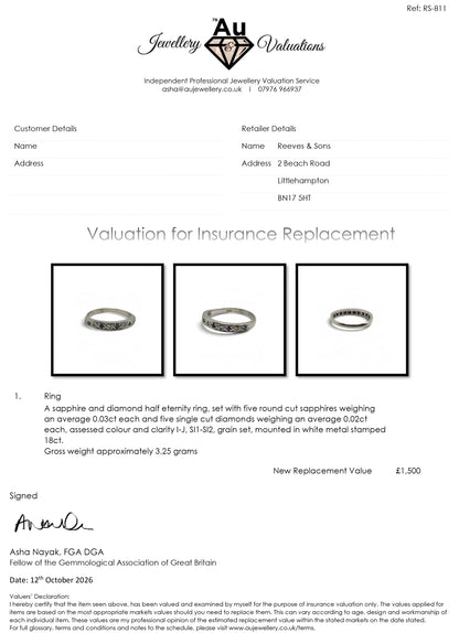 18ct white gold sapphire and diamond half eternity ring by Reeves and Sons
