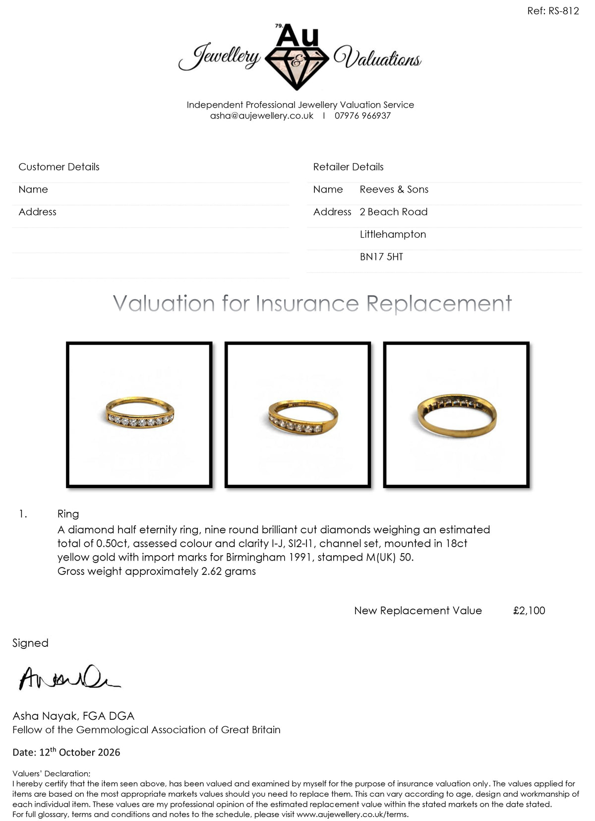 Reeves and Sons 18ct yellow gold half eternity ring with a row of diamonds along the front half