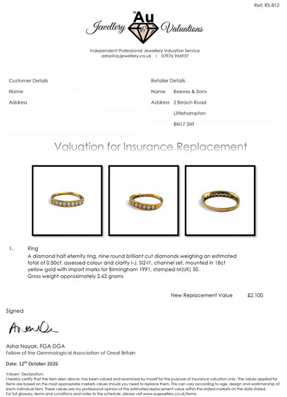Reeves and Sons 18ct yellow gold half eternity ring with a row of diamonds along the front half