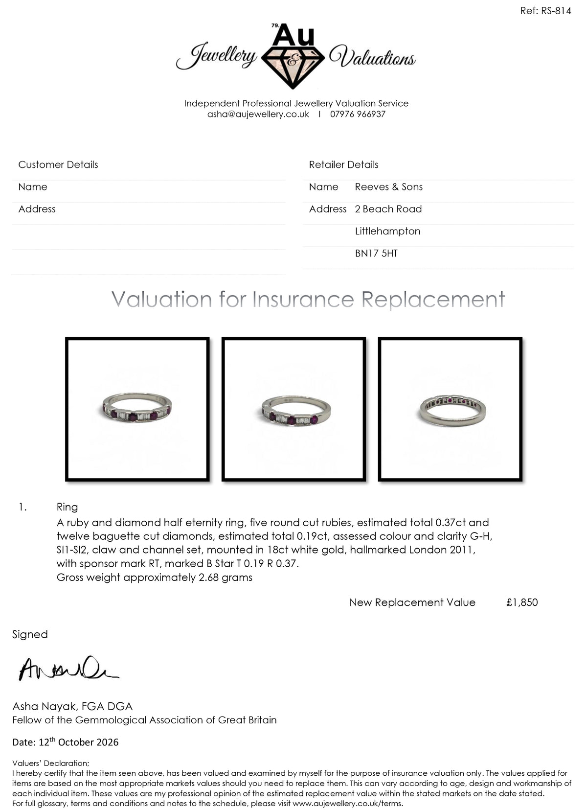 18ct white gold ruby and diamond eternity ring by Reeves and Sons