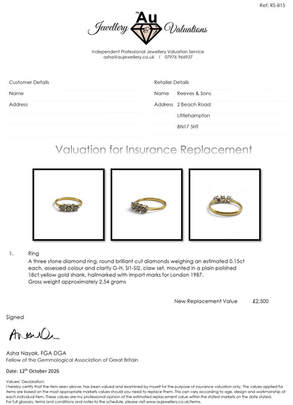 Reeves and Sons 18ct yellow gold 3 stone diamond ring with three visible diamonds