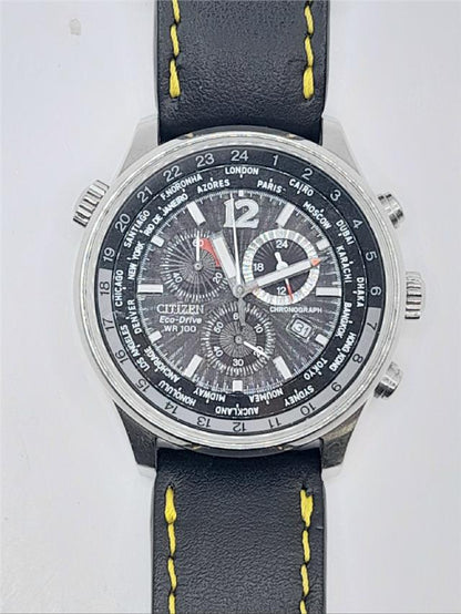Citizen WR100 Eco-Drive watch model SH24922B with stainless steel band and black dial, showcasing a sleek, durable design.