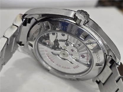 Omega Seamaster Aqua Terra Co-Axial watch full set featuring stainless steel case, silver dial, and bracelet.