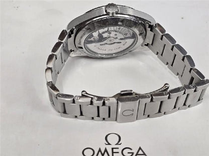 Omega Seamaster Aqua Terra Co-Axial watch with full set, showcasing the timepiece and accessories in the display.