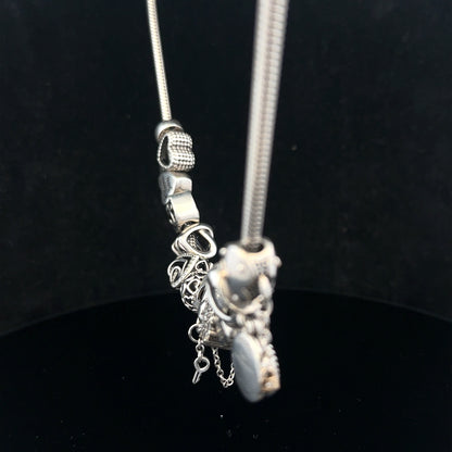 Pandora charm necklace, 20 inches, silver tone with intricate charms and detailed pendant, stylish jewelry accessory