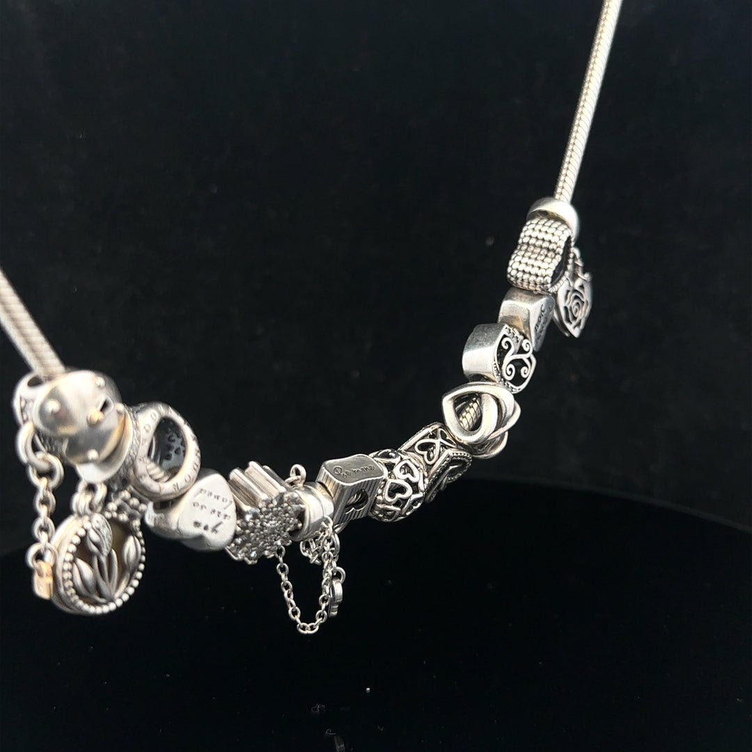 Pandora charm necklace, 20-inch length, silver-tone chain with decorative charms, stylish jewelry accessory