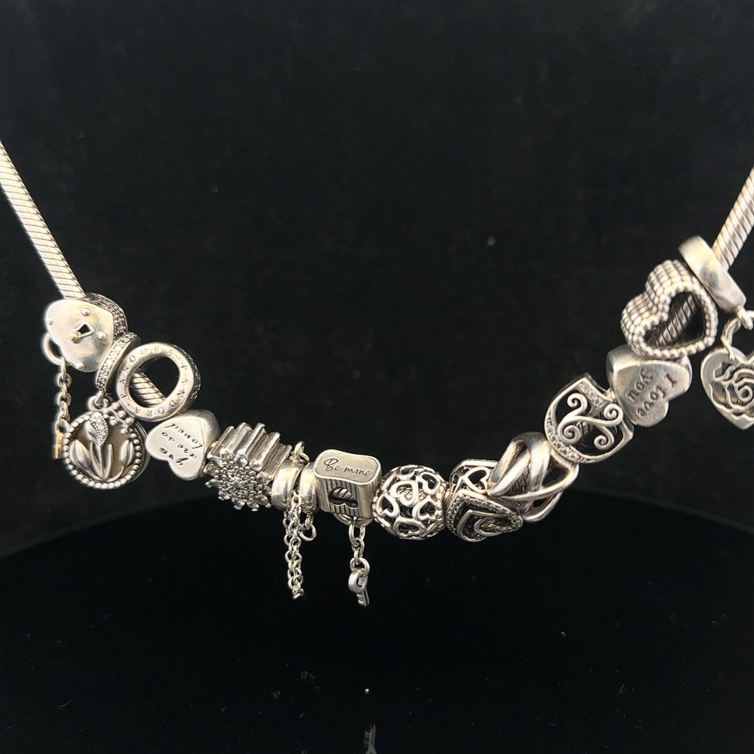 Pandora 20-inch charm necklace with silver chain and decorative charms, stylish jewelry accessory.