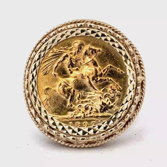 9ct yellow gold 1897 full sovereign ring size X (sh27217b)
