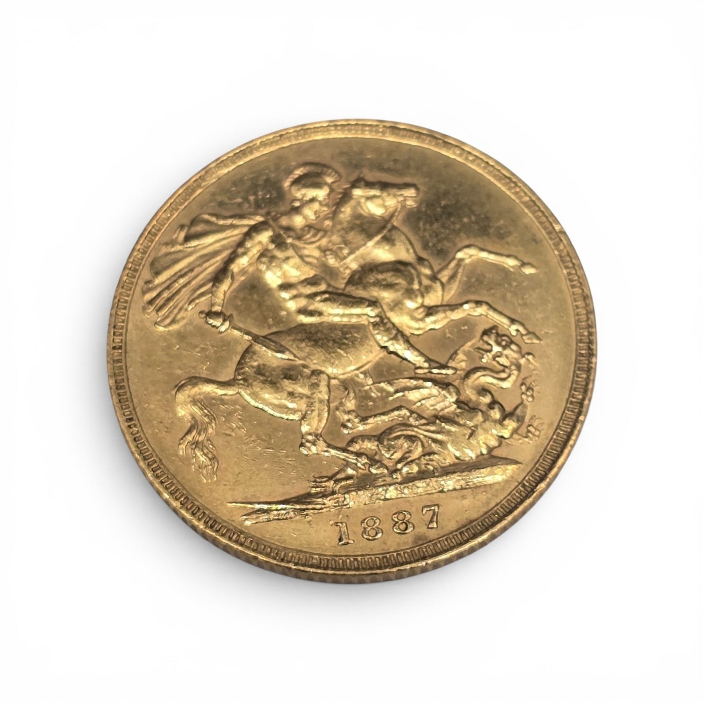 1887 Reeves and Sons Full Sovereign Coin, 8g gold coin with detailed design and historical features.