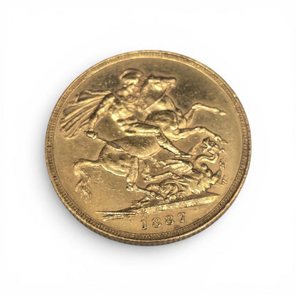 1887 Reeves and Sons Full Sovereign Coin, 8g gold coin with detailed design and historical features.
