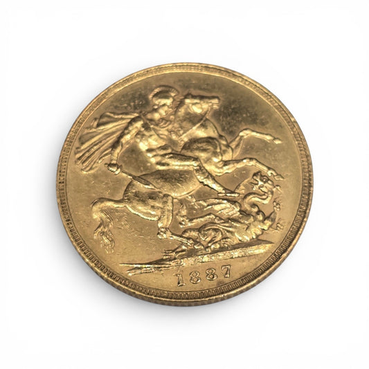 1887 Reeves and Sons Full Sovereign Coin, 8g gold coin with detailed design and historical features.