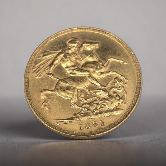 1887 Reeves and Sons full sovereign coin, 8g gold coin with detailed historical design and official markings.