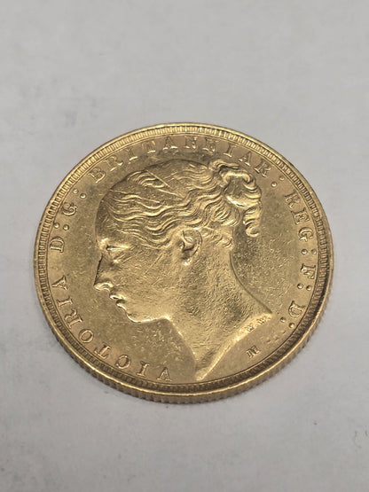 1887 Reeves and Sons Full Sovereign coin, 8g gold coin with detailed historical design, showcasing the classic sovereign style.