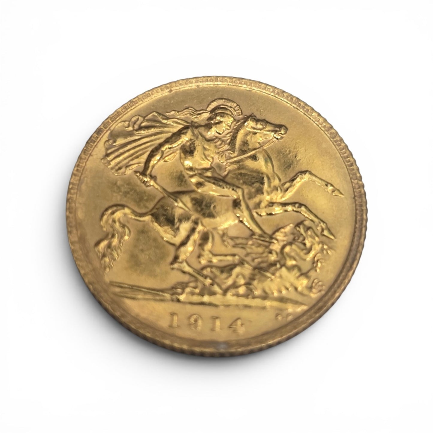 1914 Reeves and Sons Half Sovereign coin, 4g weight, showing detailed design and historic gold coin features.