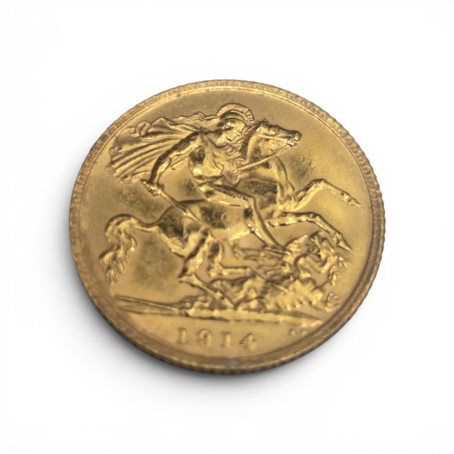 1914 Reeves and Sons Half Sovereign coin, 4g weight, showing detailed design and historic gold coin features.