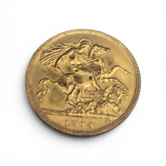 1914 Reeves and Sons Half Sovereign coin, 4g weight, showing detailed design and historic gold coin features.