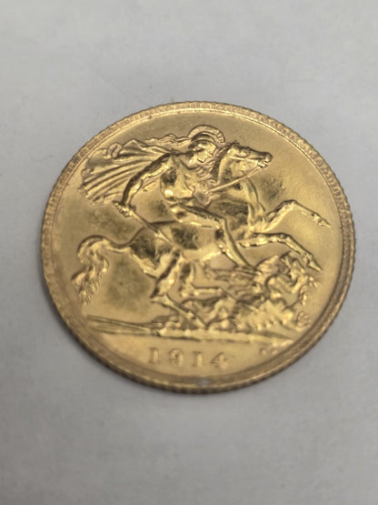 1914 Reeves and Sons Half Sovereign coin, 4g, with detailed obverse and reverse designs, historical gold coin collectible.