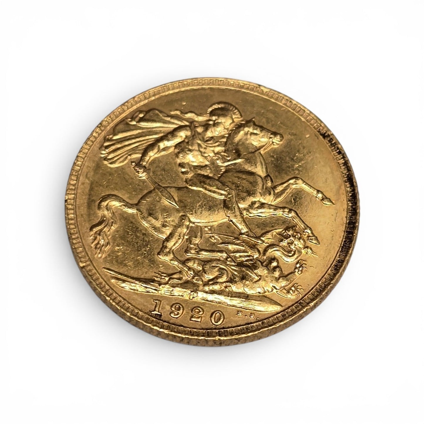 1920 full sovereign gold coin by Reeves and Sons, 8g weight, detailed image showing obverse and reverse sides.