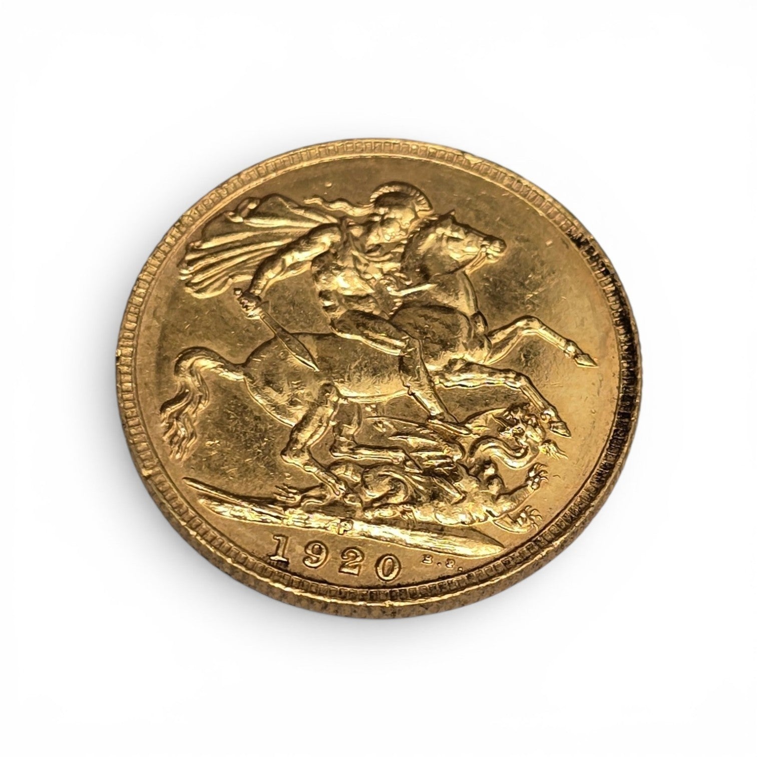 1920 full sovereign gold coin by Reeves and Sons, 8g weight, detailed image showing obverse and reverse sides.