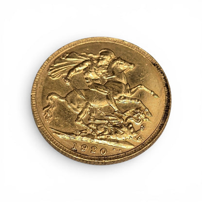 1920 full sovereign gold coin by Reeves and Sons, 8g weight, detailed image showing obverse and reverse sides.