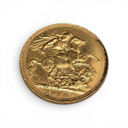 1920 full sovereign gold coin by Reeves and Sons, 8g weight, detailed image showing obverse and reverse sides.