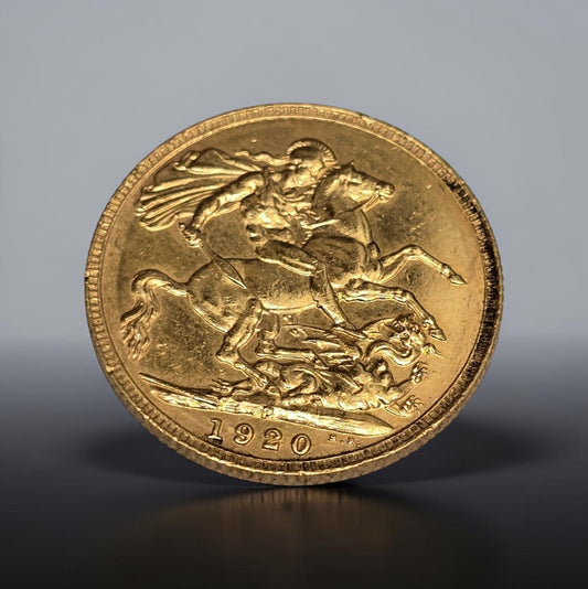 1920 full sovereign coin by Reeves and Sons, 8g gold coin with detailed sovereign design, historical currency from the United Kingdom.
