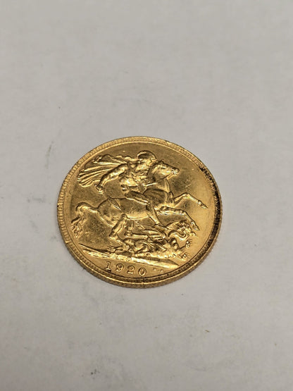 1920 Reeves and Sons full sovereign coin, 8g gold, showing the obverse side with monarch portrait and detailed coin engravings.