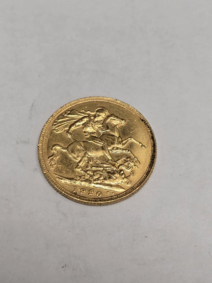 1920 Reeves and Sons full sovereign coin, 8g gold, detailed image showing obverse and reverse sides with classic design.