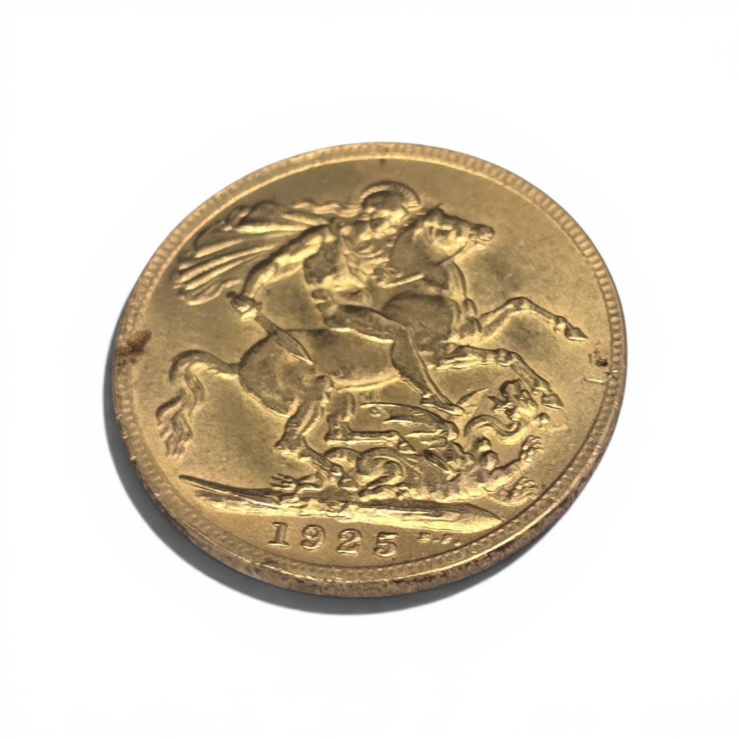 1925 Reeves and Sons full sovereign coin, 8g gold coin with detailed imperial portrait and classic design.