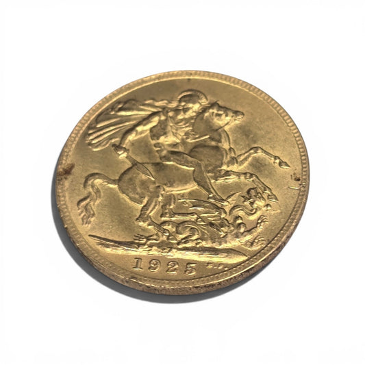 1925 Reeves and Sons full sovereign coin, 8g gold coin with detailed imperial portrait and classic design.
